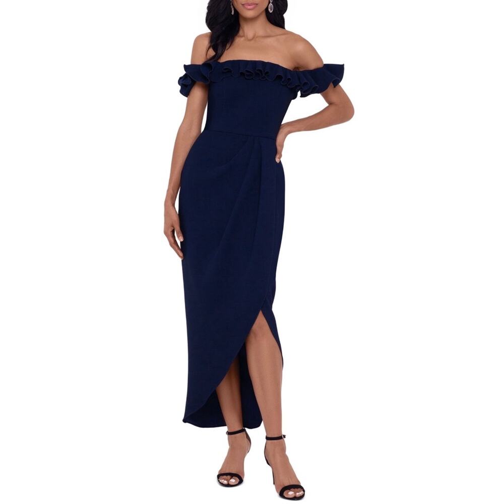 XSCAPE Off The Shoulder Ruffle Midi Gown Dress Women's 4 Navy Blue NWT